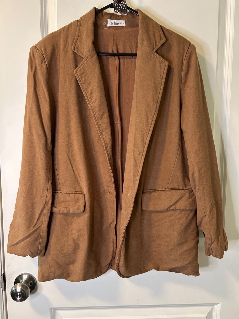 35. In Bloom Open-Front Blazer Jacket in Warm Camel